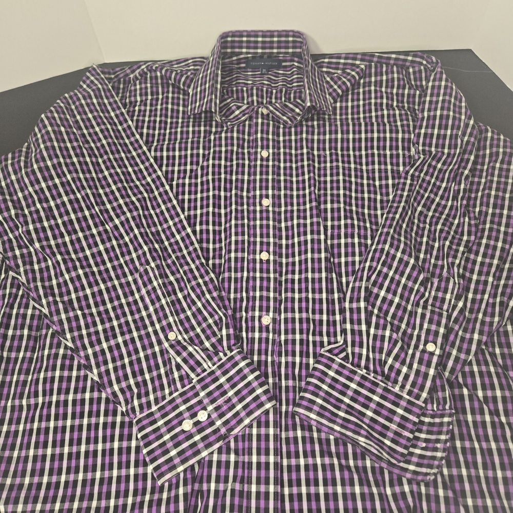 Tommy Hilfiger Men's Purple and Black Plaid Shirt